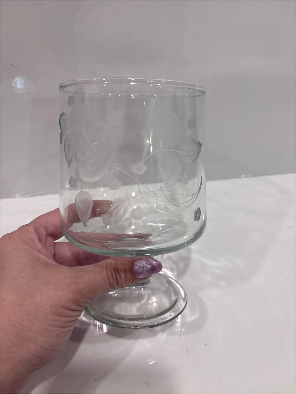 Vintage etched floral pedestal goblet rose pattern stemmed glass- large 5.5”